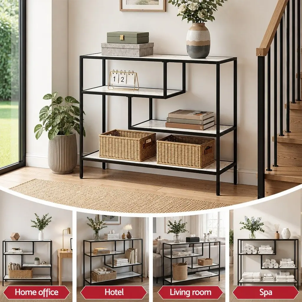 Console Table Slim Profile 4-Tier Open Storage Shelves Black