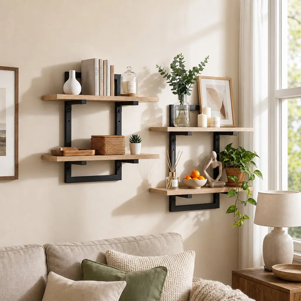 Floating Wall Shelf Set of 2 Space-Saving 2-Tier Wood and Black Metal