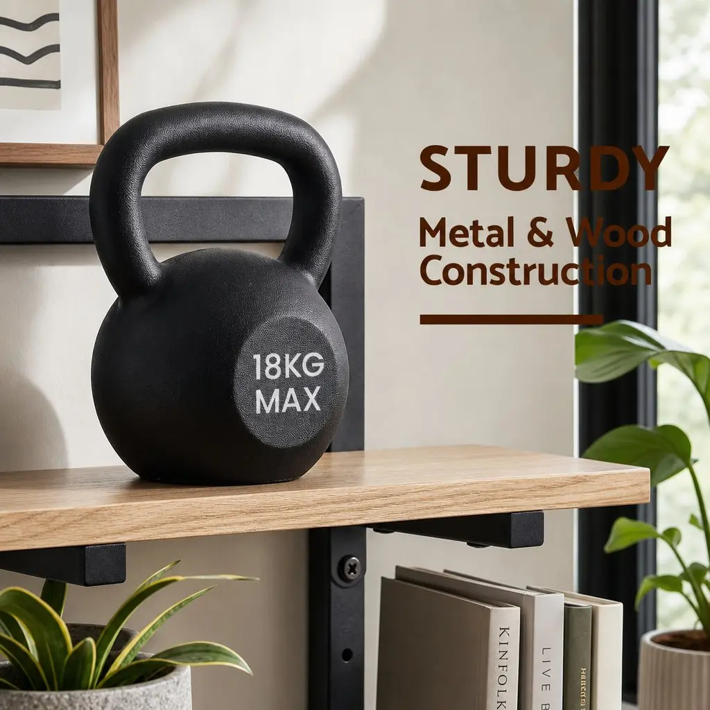 Floating Wall Shelf Set of 2 Space-Saving 2-Tier Wood and Black Metal