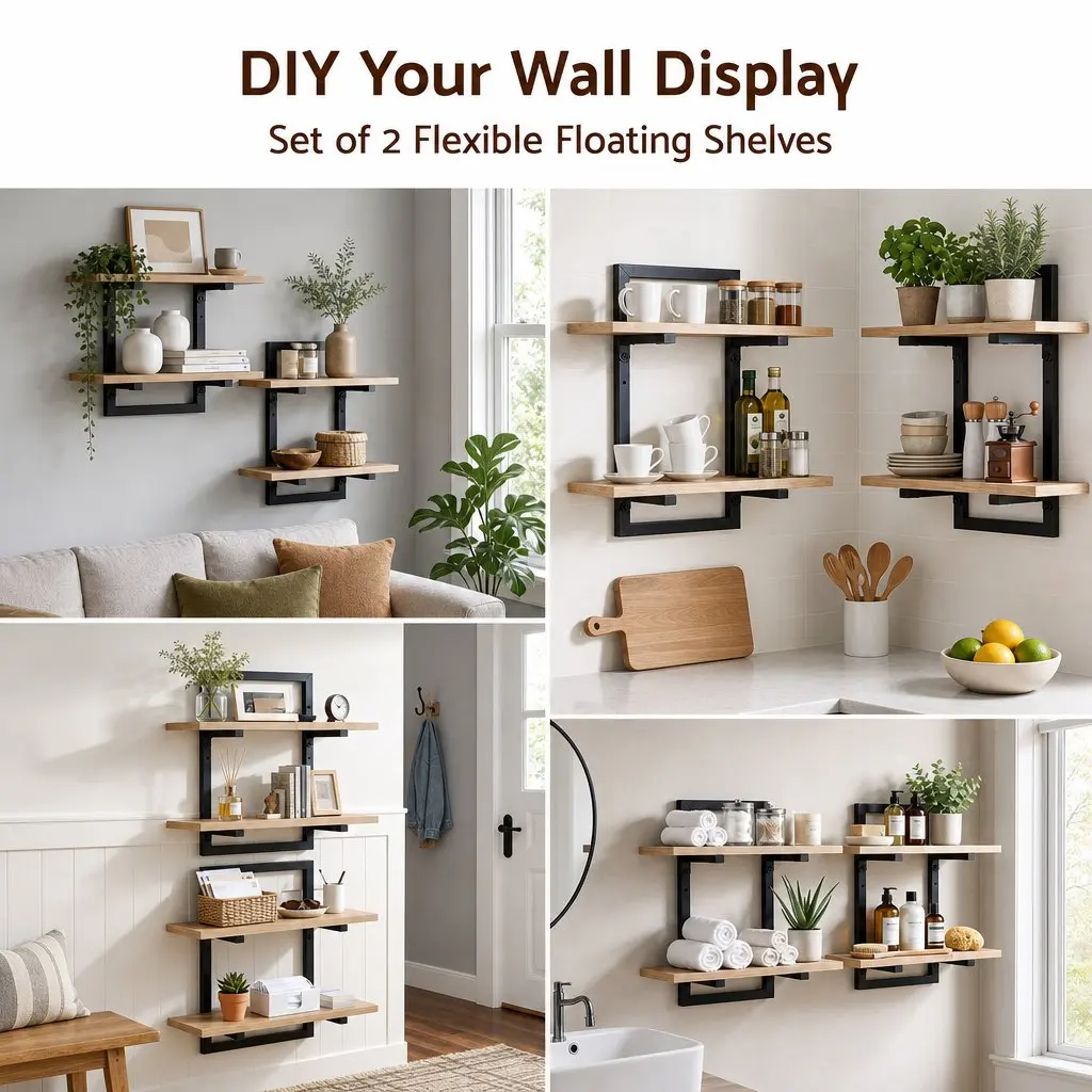 Floating Wall Shelf Set of 2 Space-Saving 2-Tier Wood and Black Metal