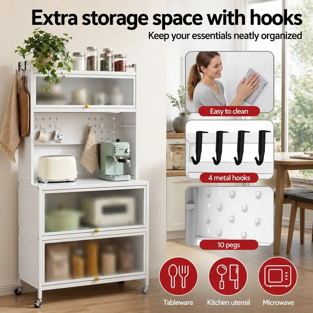 Kitchen Storage Cabinet Shelves Pegboard Mobile 80CM White