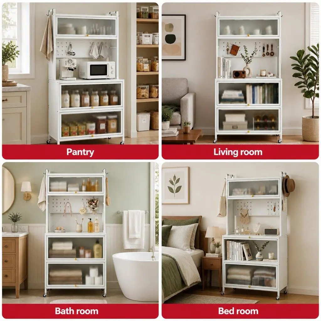 Kitchen Storage Cabinet Shelves Pegboard Mobile 80CM White