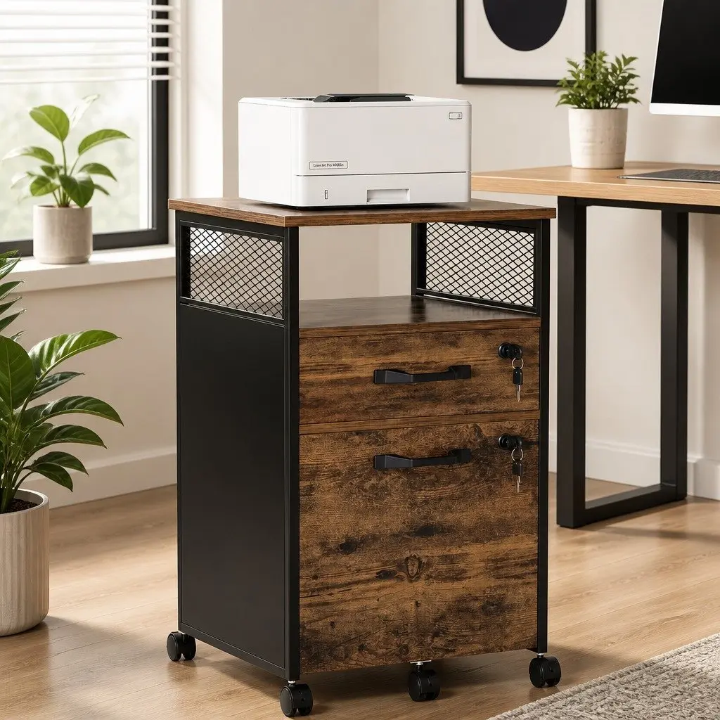 Filing Cabinet 2 Drawer Lockable Wheels Compact Natural