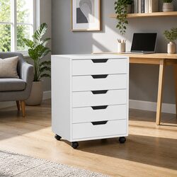 5-Drawer White Mobile Filing Cabinet with Locking Wheels