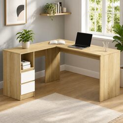 L-Shape Computer Desk with Two Drawers and Shelf