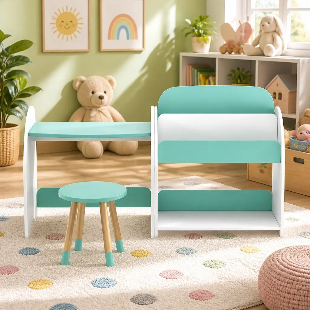 Kids Bookshelf 2-in-1 Table Chair Set Storage Organiser White Green