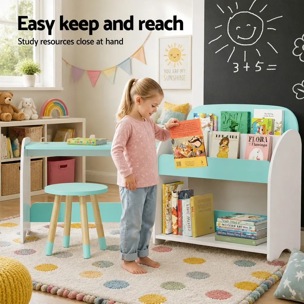 Kids Bookshelf 2-in-1 Table Chair Set Storage Organiser White Green