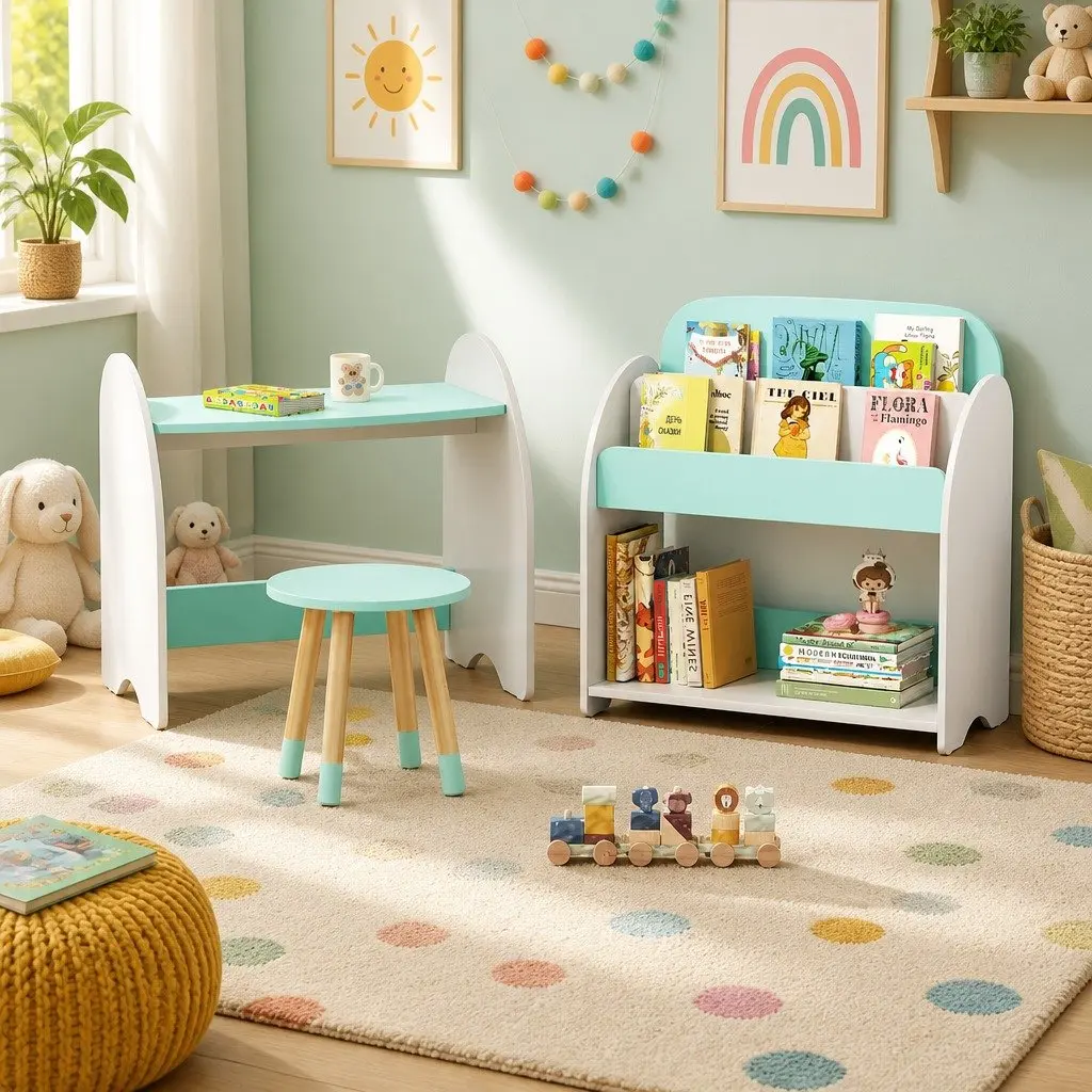 Kids Bookshelf 2-in-1 Table Chair Set Storage Organiser White Green