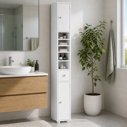 Slim White Bathroom Storage Cabinet 180cm with Multiple Compartments