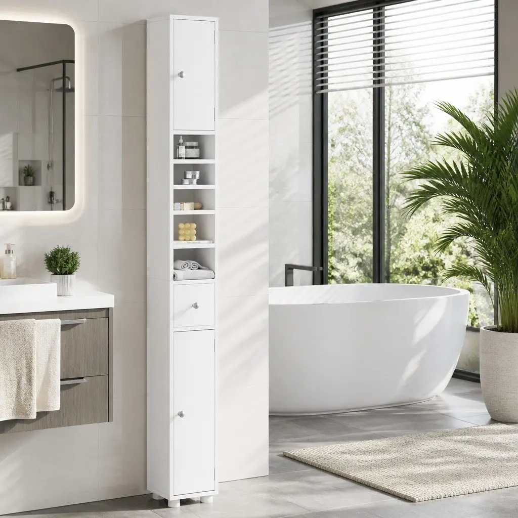 Bathroom Cabinet Slim Floor Storage Tower 180cm Tall White Two Cabinets Five Compartments One Drawer