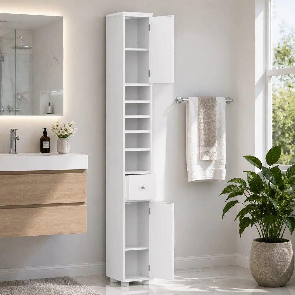 Bathroom Cabinet Slim Floor Storage Tower 180cm Tall White Two Cabinets Five Compartments One Drawer