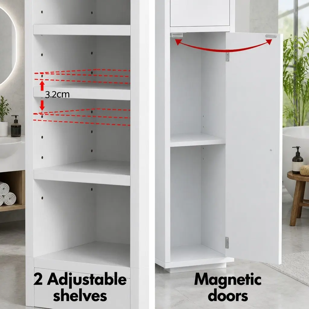 Bathroom Cabinet Slim Floor Storage Tower 180cm Tall White Two Cabinets Five Compartments One Drawer