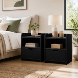 Functional Black Bedside Table with Drawer and Shelving