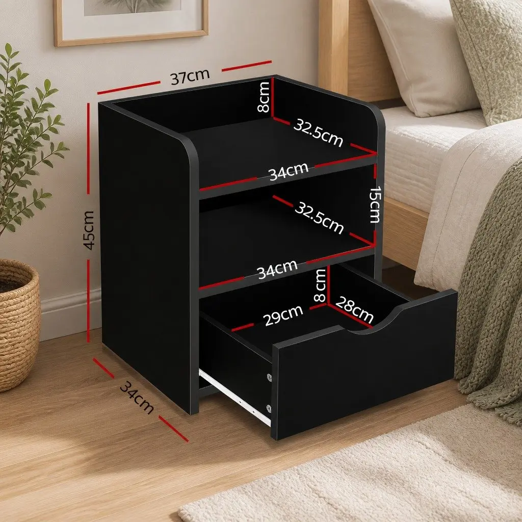 Bedside Table 1 Drawer with Shelves Black Bedroom Nightstand Storage Furniture