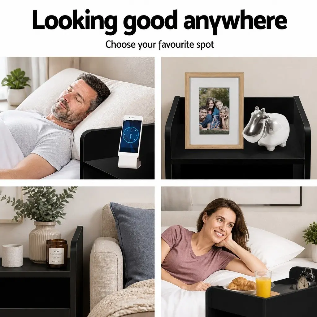 Bedside Table 1 Drawer with Shelves Black Bedroom Nightstand Storage Furniture