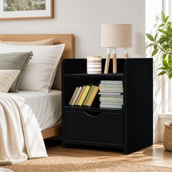 Black Bedside Table with 1 Drawer and Open Shelves