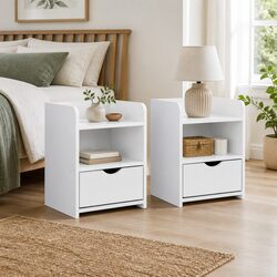 White Nightstand with Drawer and Shelving Unit