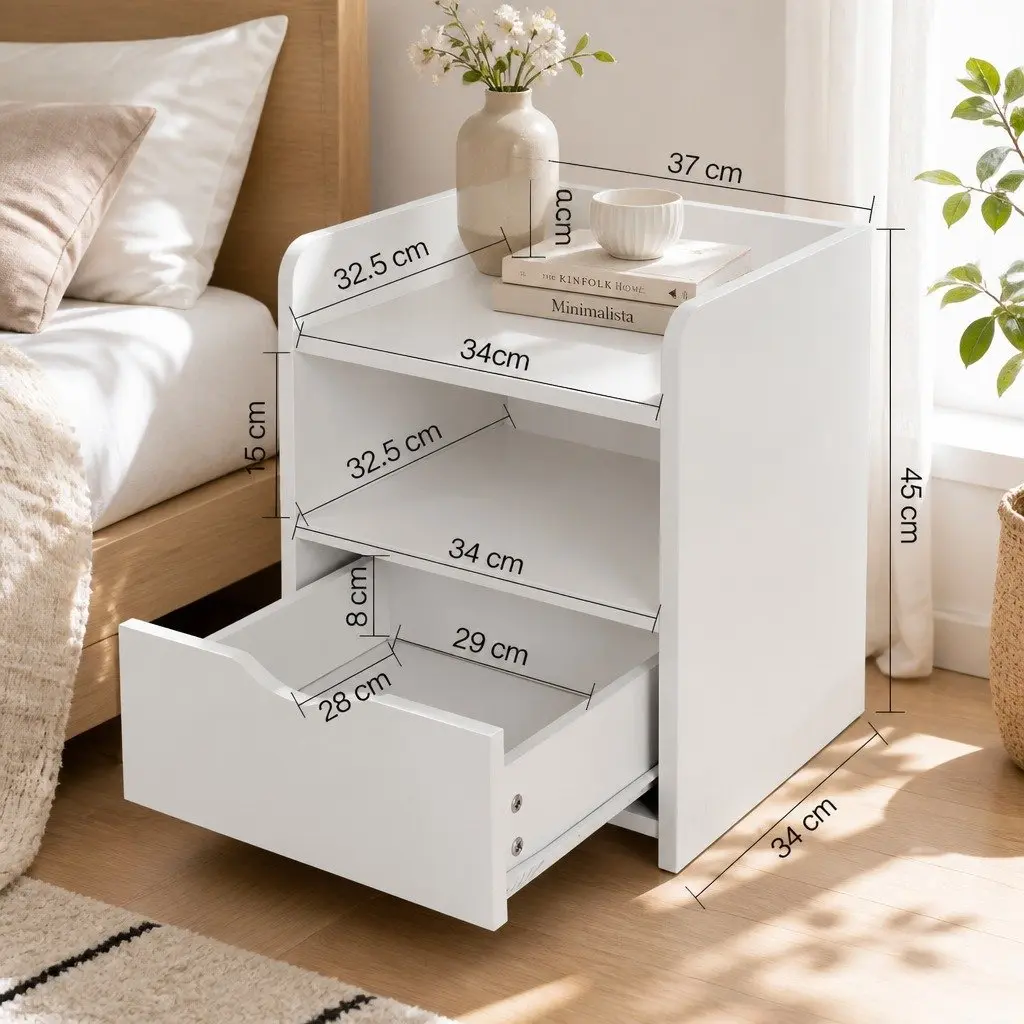 Bedside Table with Drawer and Shelf White 37 x 34 x 45cm