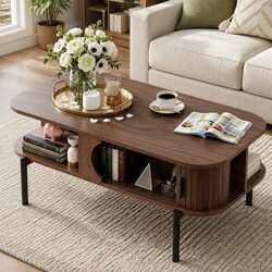 Modern Walnut Coffee Table with Open Shelves and Storage