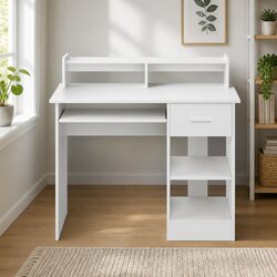 Computer Desk White 100CM with Shelves and Drawer