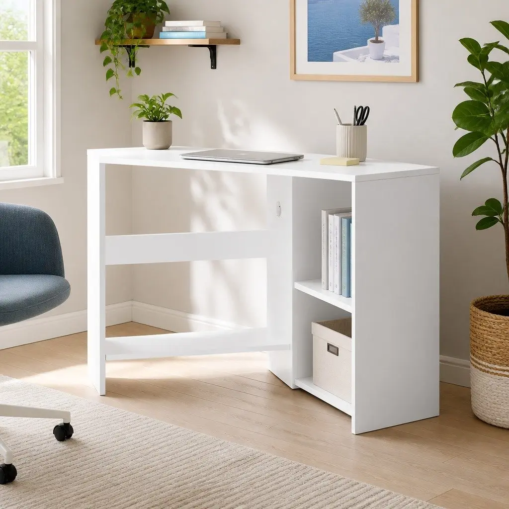 L-Shape Corner Computer Desk with Shelves CPU Stand White Home Office