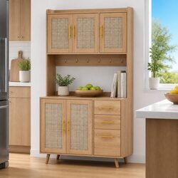 Buffet Sideboard Cabinet with Rattan Doors and Hooks