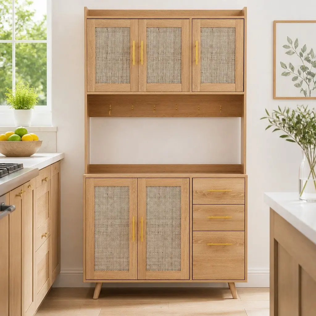 Buffet Sideboard Cabinet with Rattan Doors Adjustable Shelves Countertop Three Drawers Six Hooks Pine