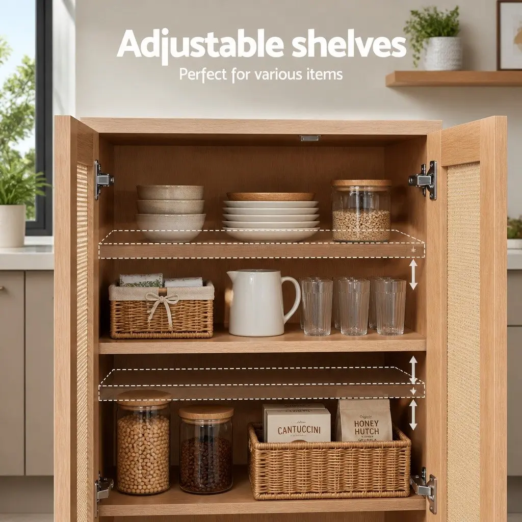 Buffet Sideboard Cabinet with Rattan Doors Adjustable Shelves Countertop Three Drawers Six Hooks Pine