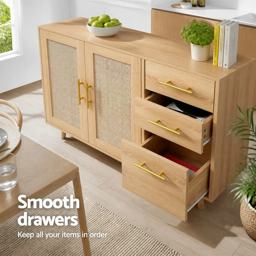 Buffet Sideboard Cabinet with Rattan Doors Adjustable Shelves Countertop Three Drawers Six Hooks Pine