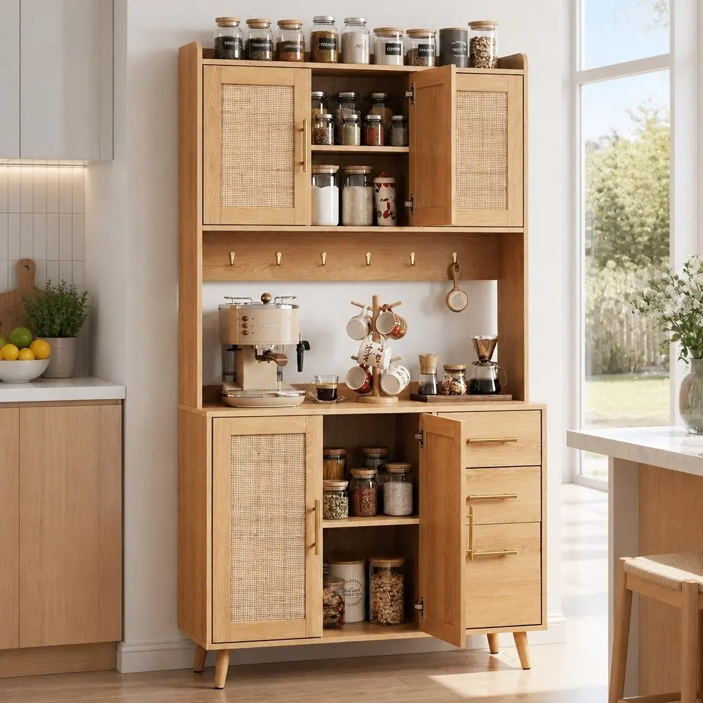 Buffet Sideboard Cabinet with Rattan Doors Adjustable Shelves Countertop Three Drawers Six Hooks Pine