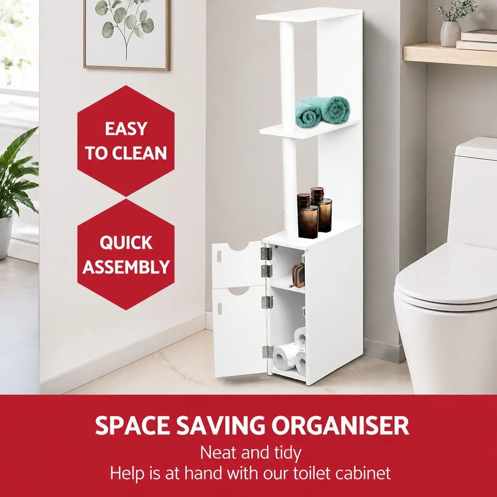 Bathroom Cabinet Storage 118cm Tall Toilet Shelf Unit White Contemporary Design