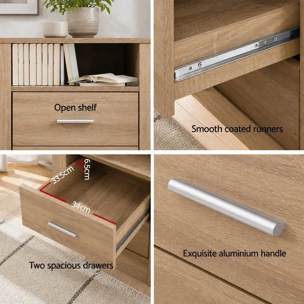 Bedside Table Modern Storage Unit 2 Drawers Open Shelf Oak
