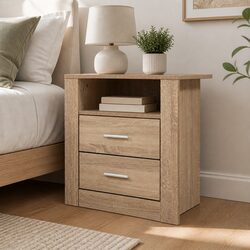 Two-Drawer Oak Nightstand with Open Shelf