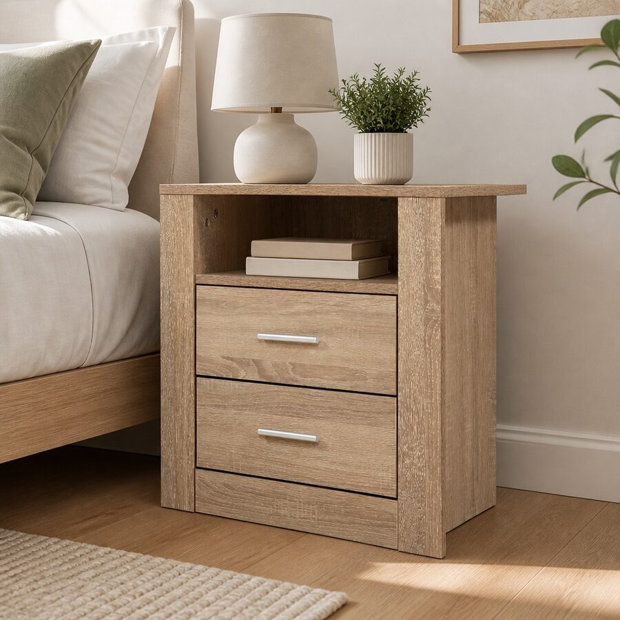 Two-Drawer Oak Nightstand with Open Shelf
