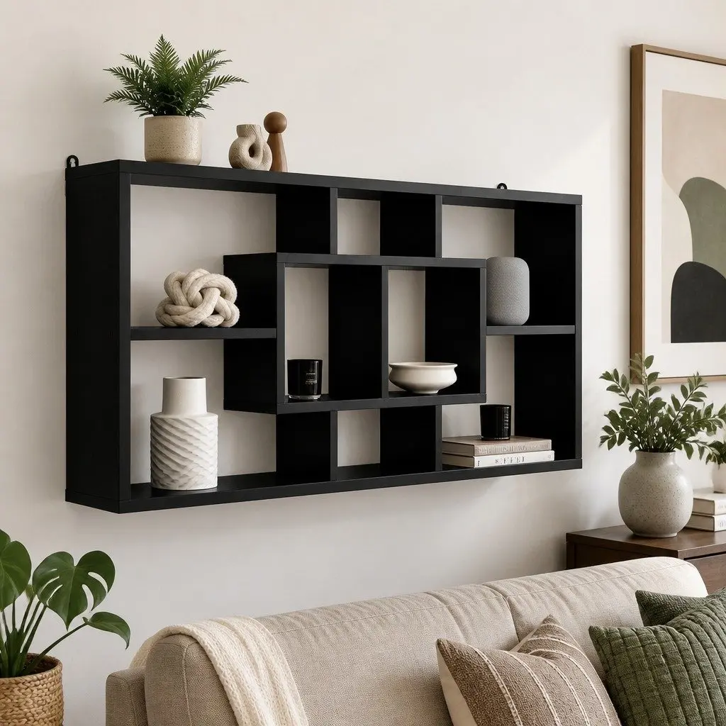 8-Compartment Floating Wall Shelf Bookcase in Black