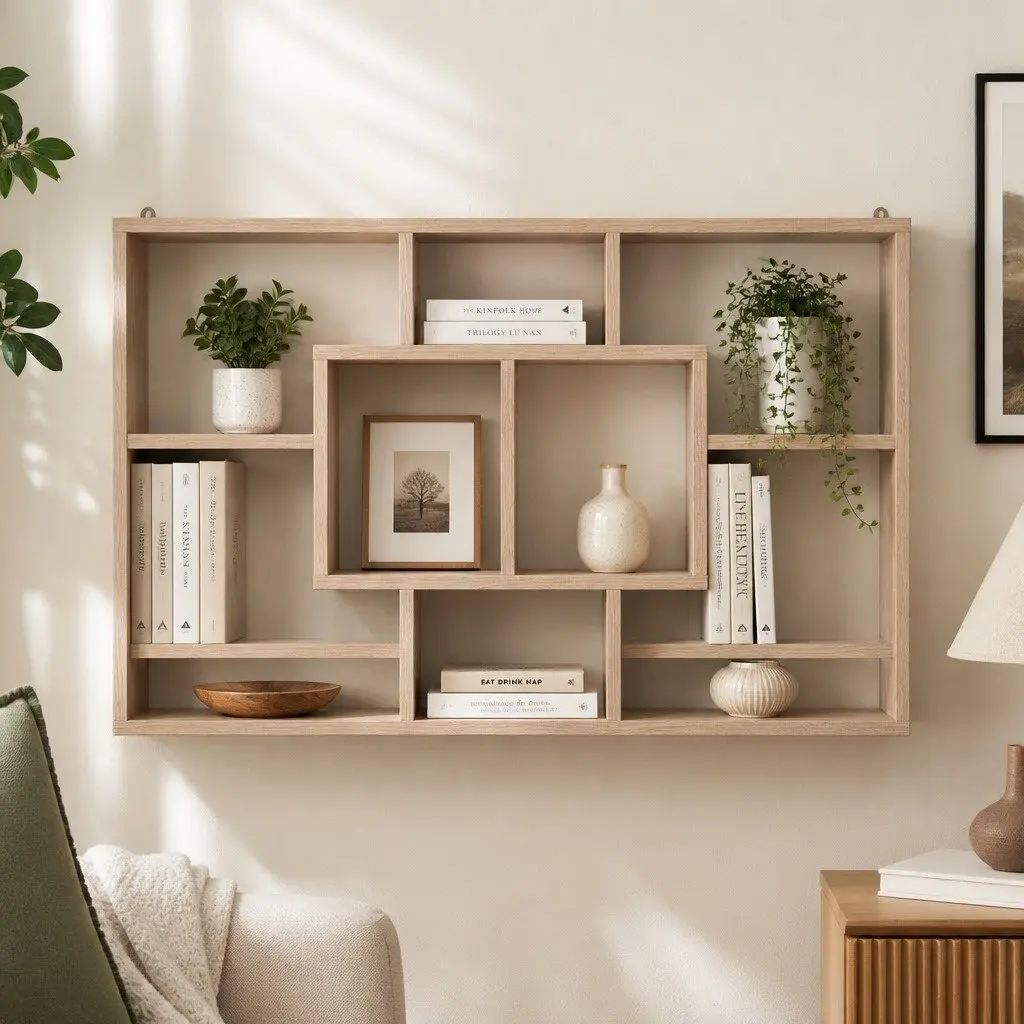 Floating Wall Shelf Display Unit 8 Compartment Vertical Wood
