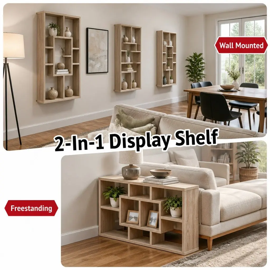 Floating Wall Shelf Display Unit 8 Compartment Vertical Wood