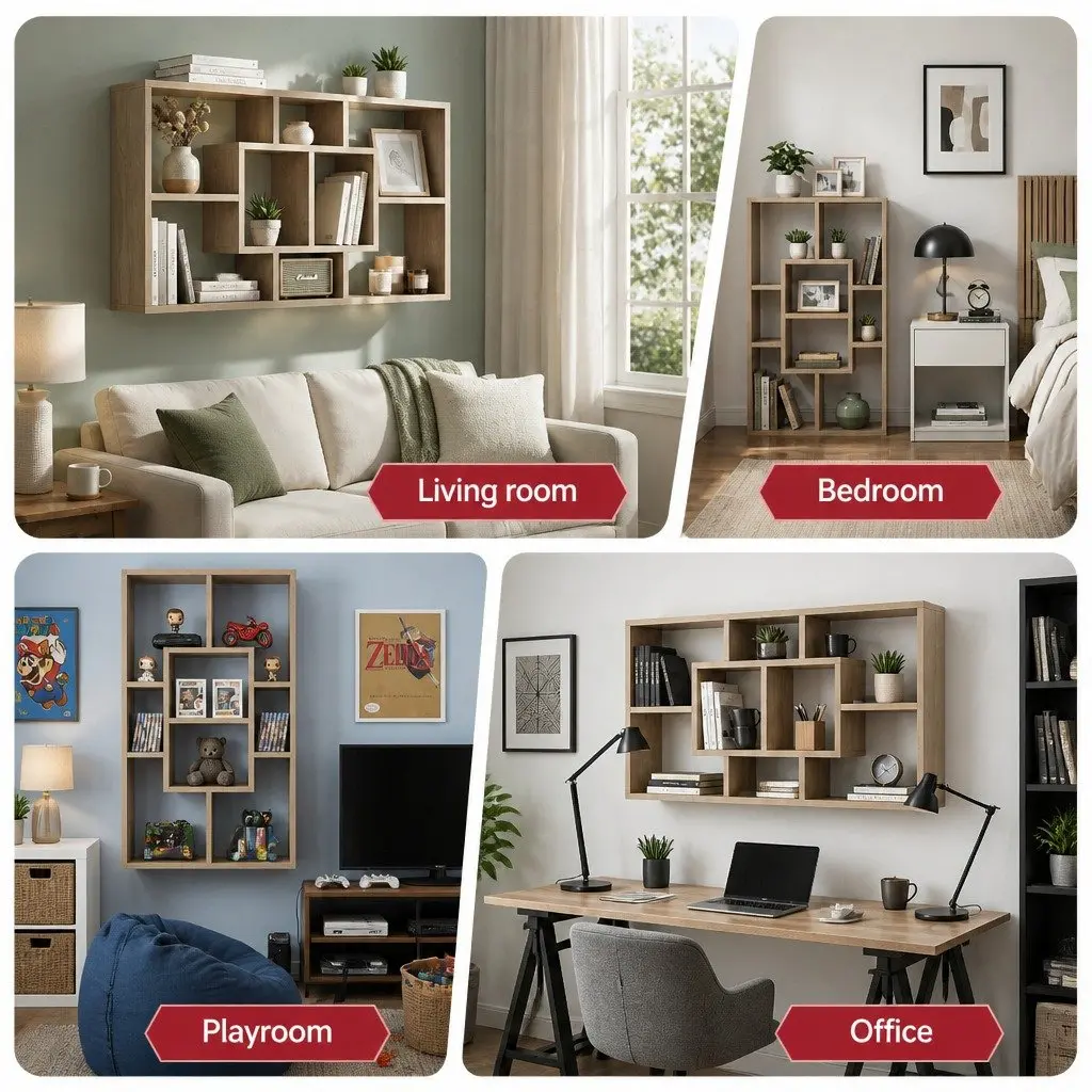 Floating Wall Shelf Display Unit 8 Compartment Vertical Wood