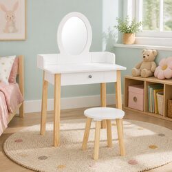 Kids Vanity Table and Stool Set with Storage