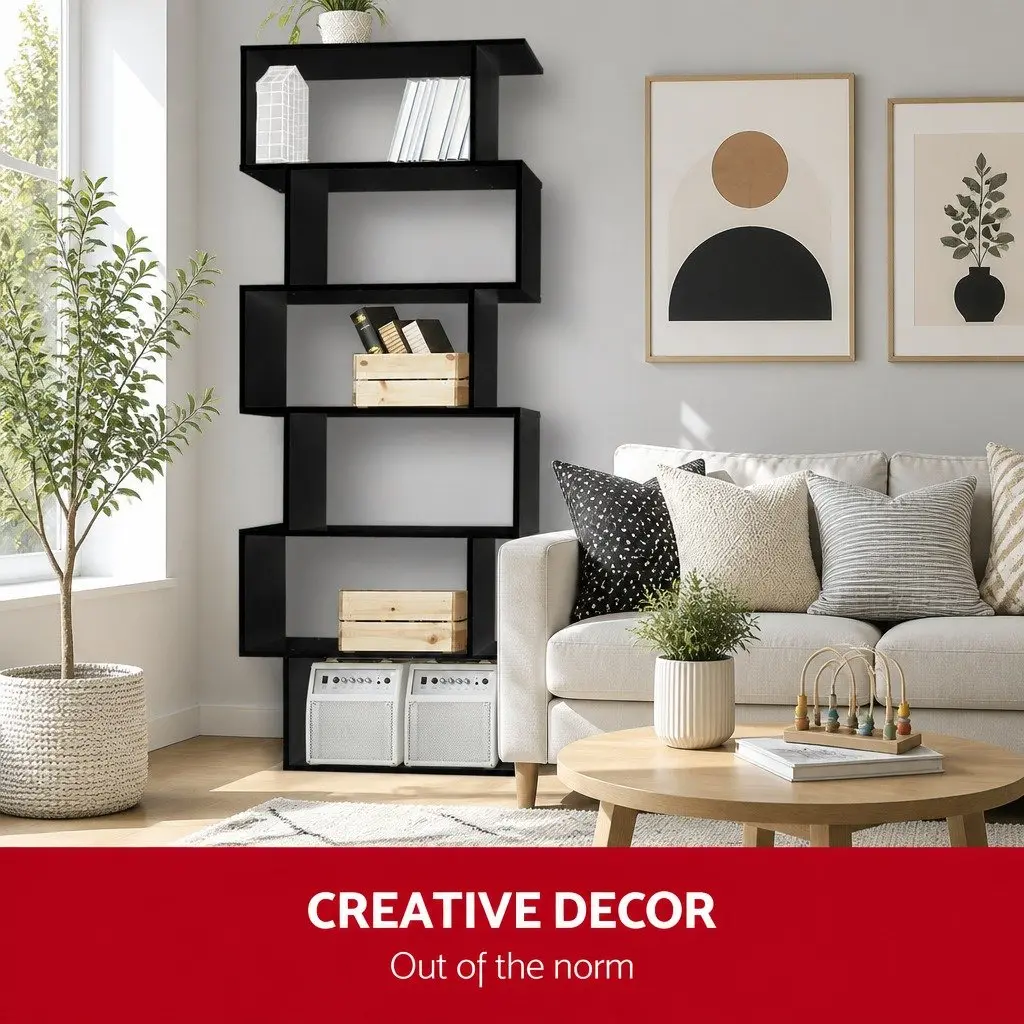 6-Tier Display Bookshelf S-Shape Storage Shelving Unit Living Room Black
