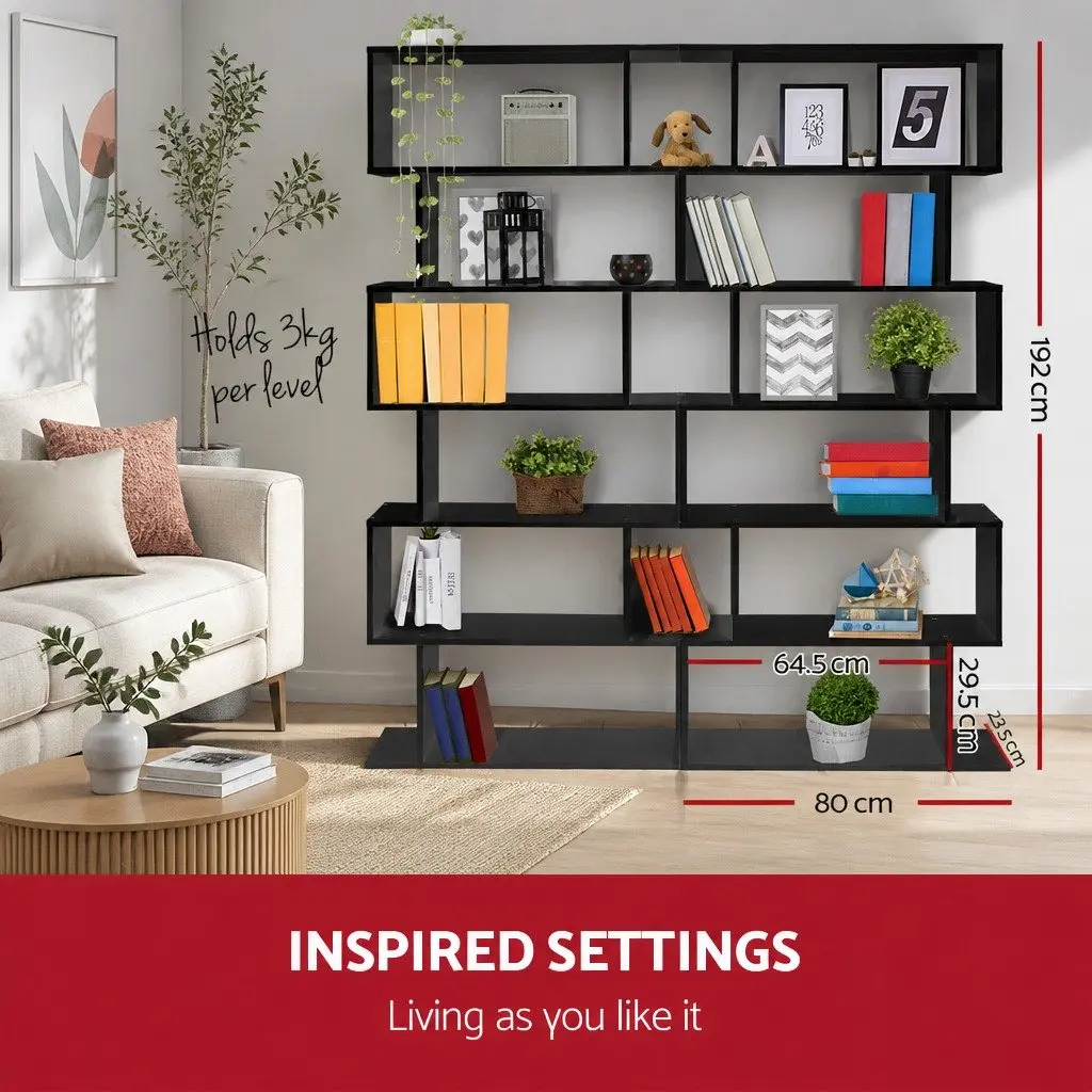 6-Tier Display Bookshelf S-Shape Storage Shelving Unit Living Room Black