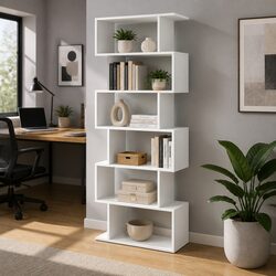 6-Tier White S-Shape Bookcase for Storage