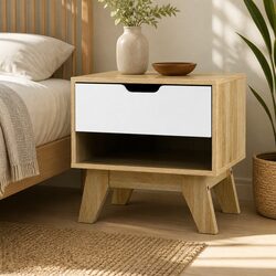 Functional Bedside Table with Drawer and Shelf in White Oak