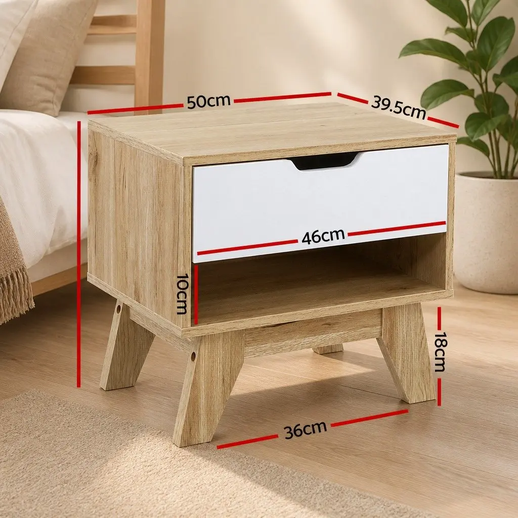 Bedside Table Storage Two-Tone White Oak 1 Drawer with Shelf 50cm x 39.5cm x 46.5cm