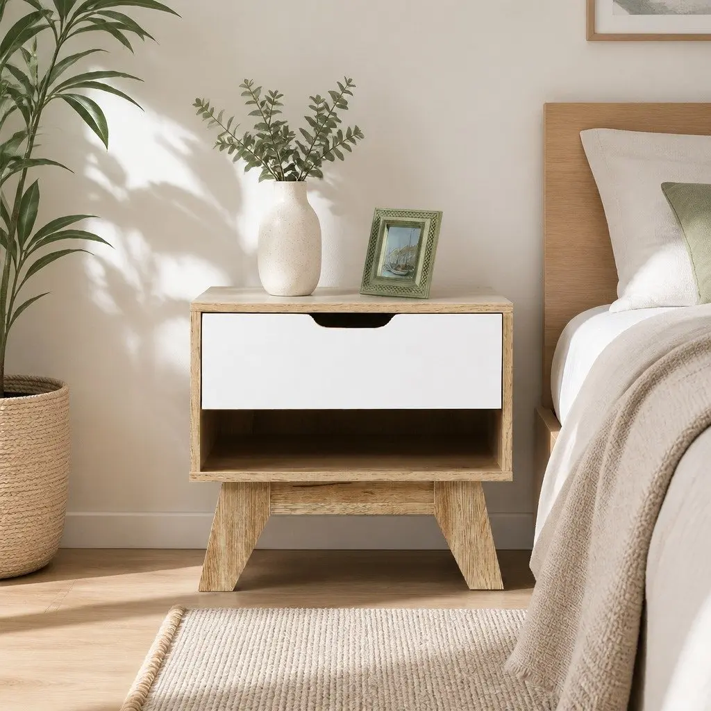 Bedside Table Storage Two-Tone White Oak 1 Drawer with Shelf 50cm x 39.5cm x 46.5cm