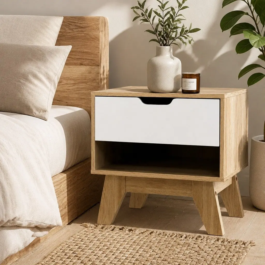 Bedside Table Storage Two-Tone White Oak 1 Drawer with Shelf 50cm x 39.5cm x 46.5cm