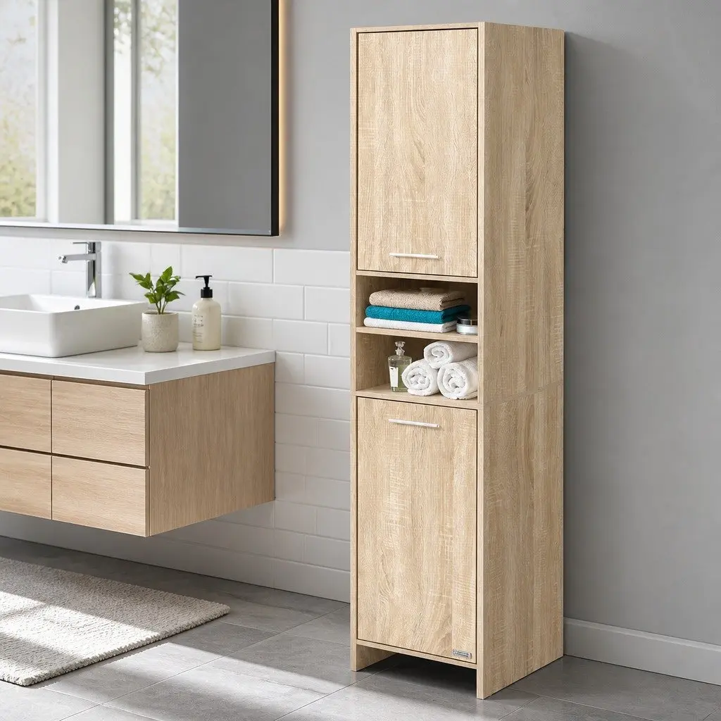 Tall Bathroom Cabinet Space-Saving 185cm Oak Wooden Shelving Unit