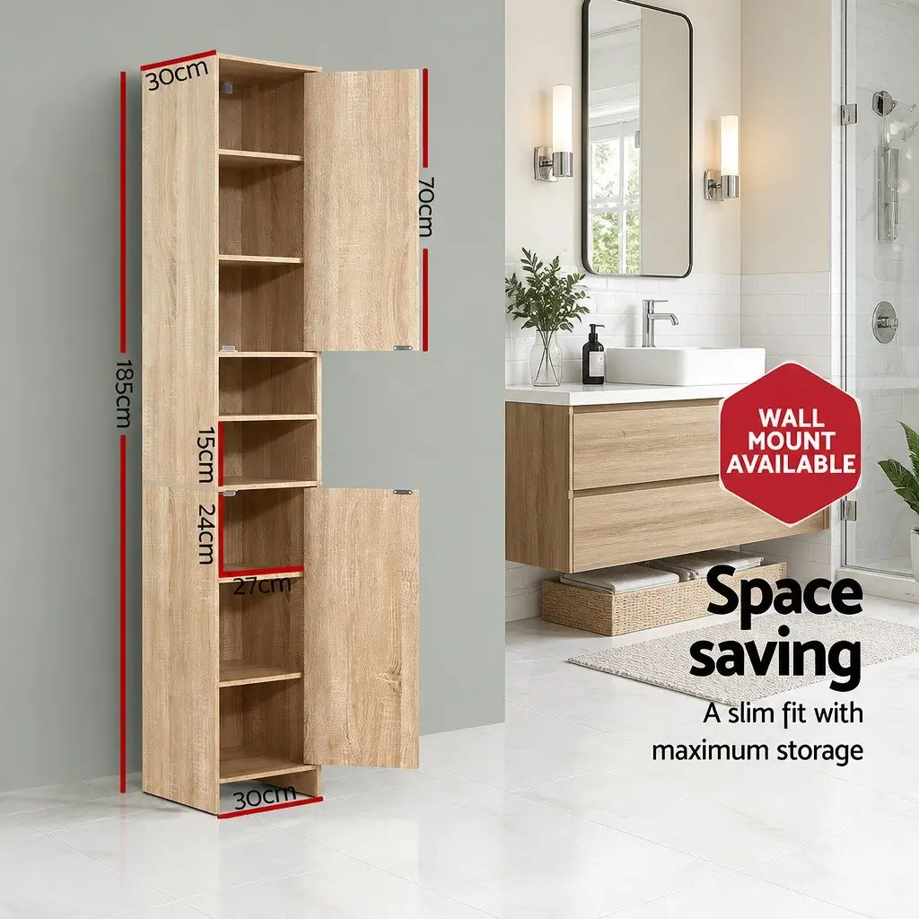 Tall Bathroom Cabinet Space-Saving 185cm Oak Wooden Shelving Unit