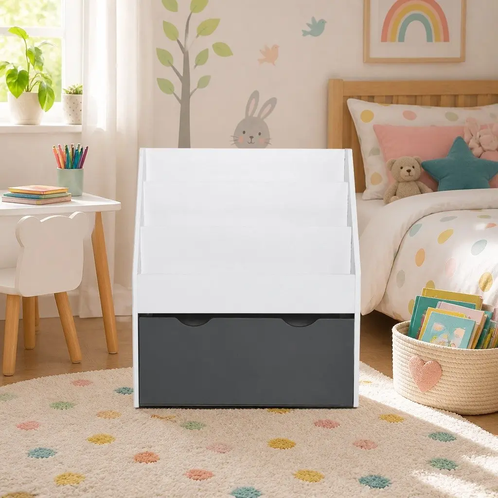 Kids Bookshelf 3 Tier Storage Organiser with Removable Toy Box White or Grey