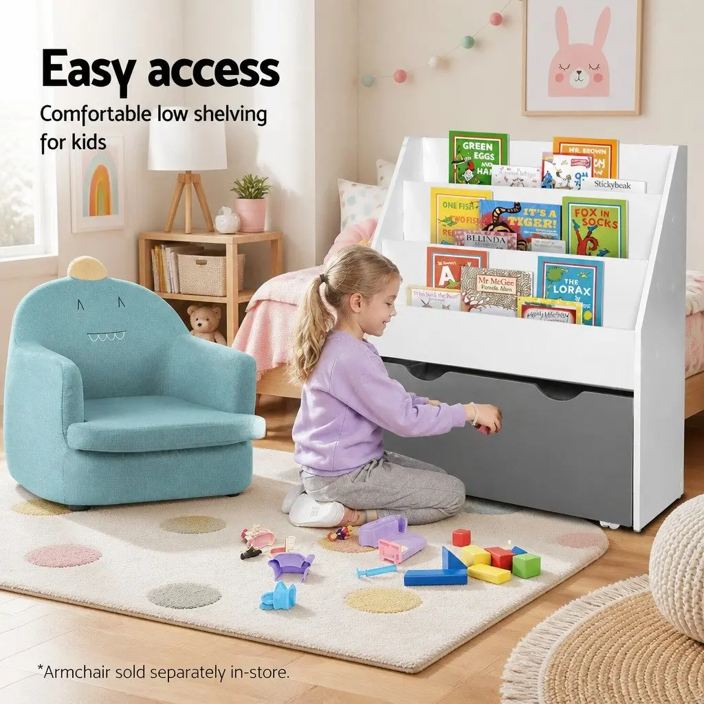 Kids Bookshelf 3 Tier Storage Organiser with Removable Toy Box White or Grey